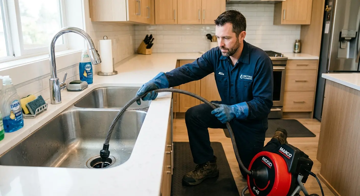 Drain cleaning technician using a motorized snake on a kitchen sink in Charlestown