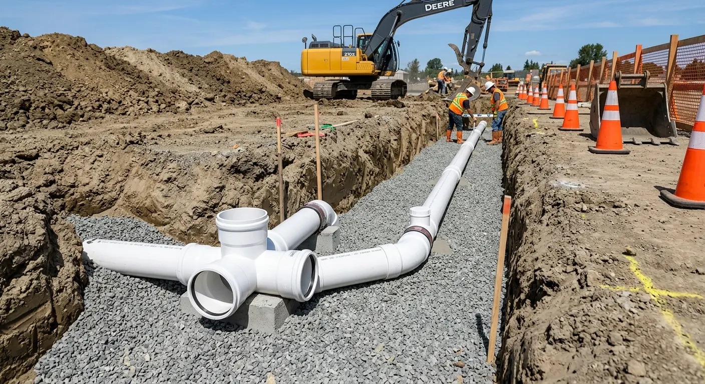 New PVC sewer pipe installation in open trench for Commercial Drain Cleaning in Charlestown