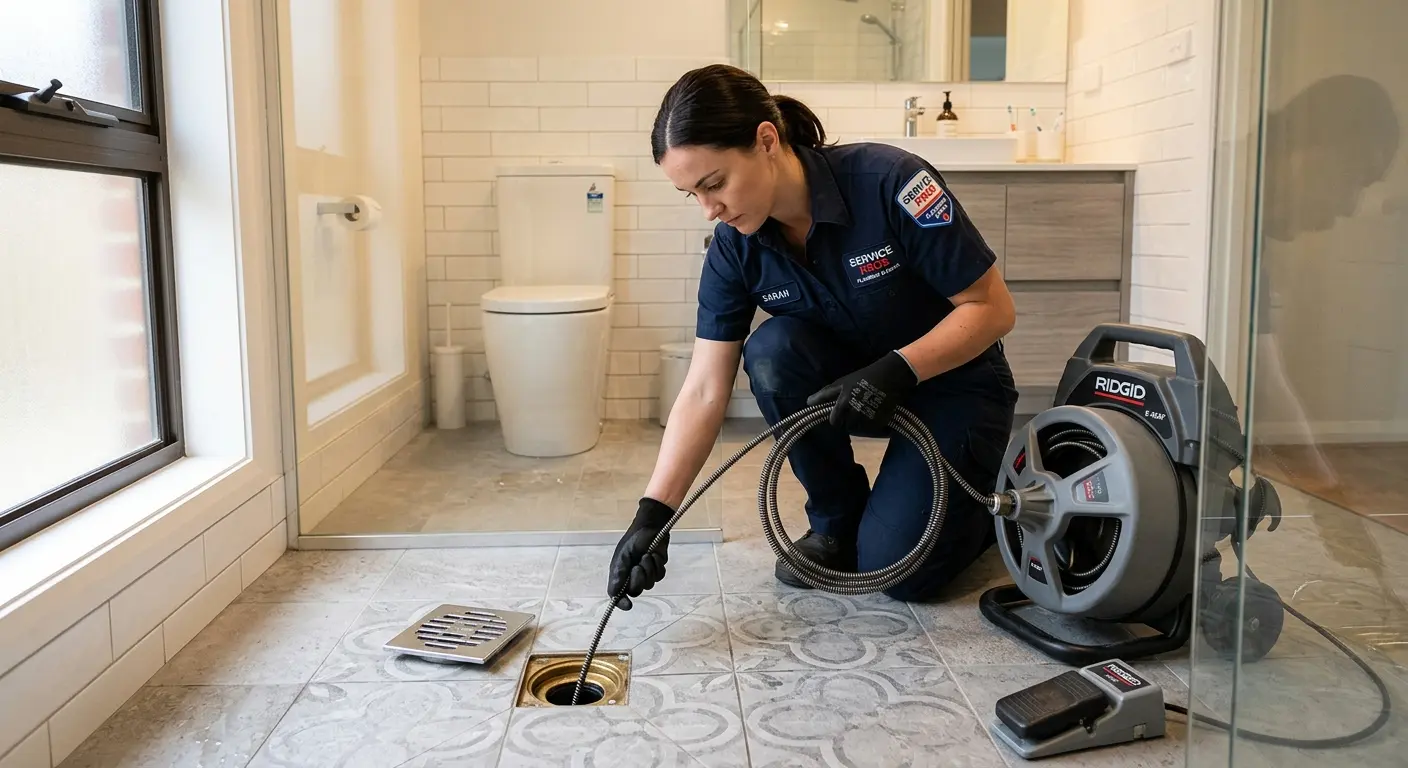 Technician clearing a bathroom floor drain for Drain Repair in Charlestown